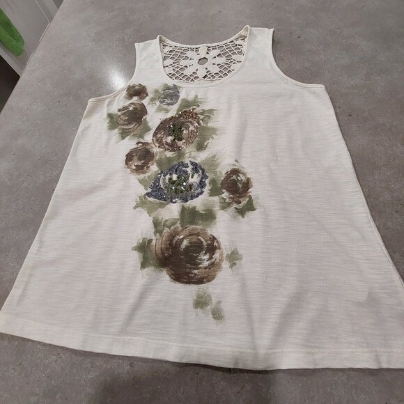 DENVER HAYES Women's Floral/Sequins Crochet Back Yoke Sleeveless Top - Sze Large - Picture 3 of 7